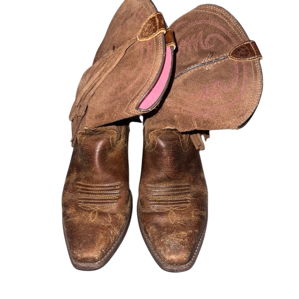 Ariat Girl’s Brown Suede Leather Fringe Cowboy Boots Size 3 Western Riding Rodeo - Picture 3 of 7